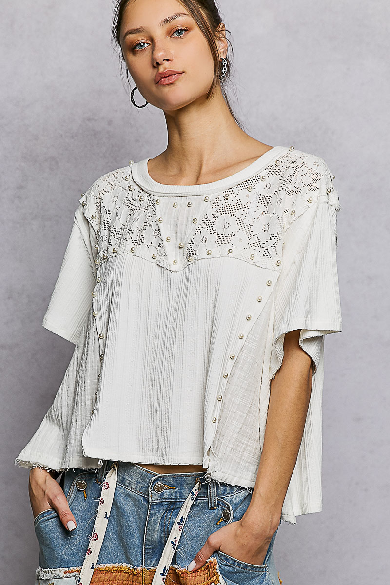 Pol Lace Pearl Stud Round Neck Short Sleeve Shirt