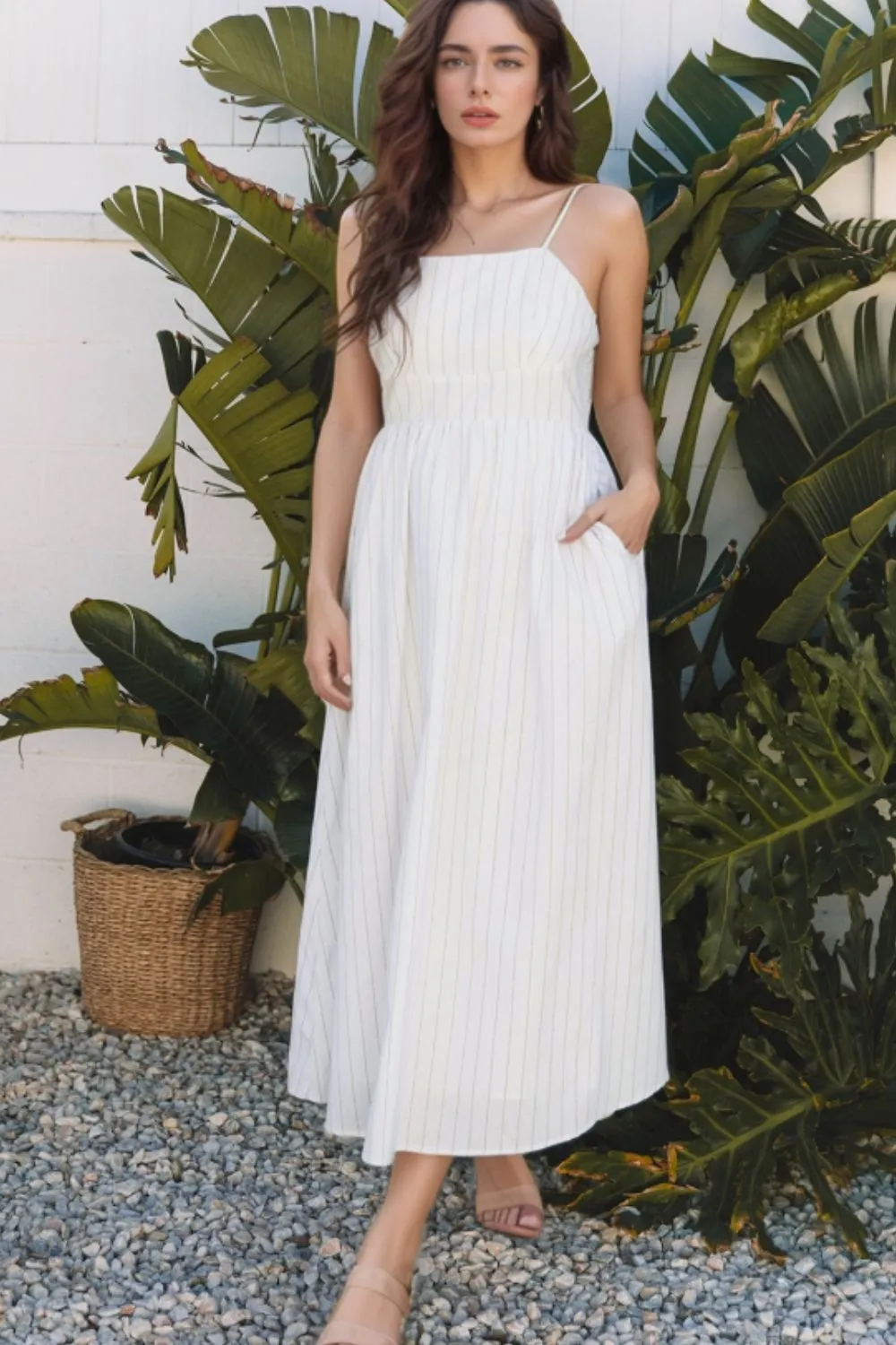 Stripe Square Neck Cami Dress with Pockets