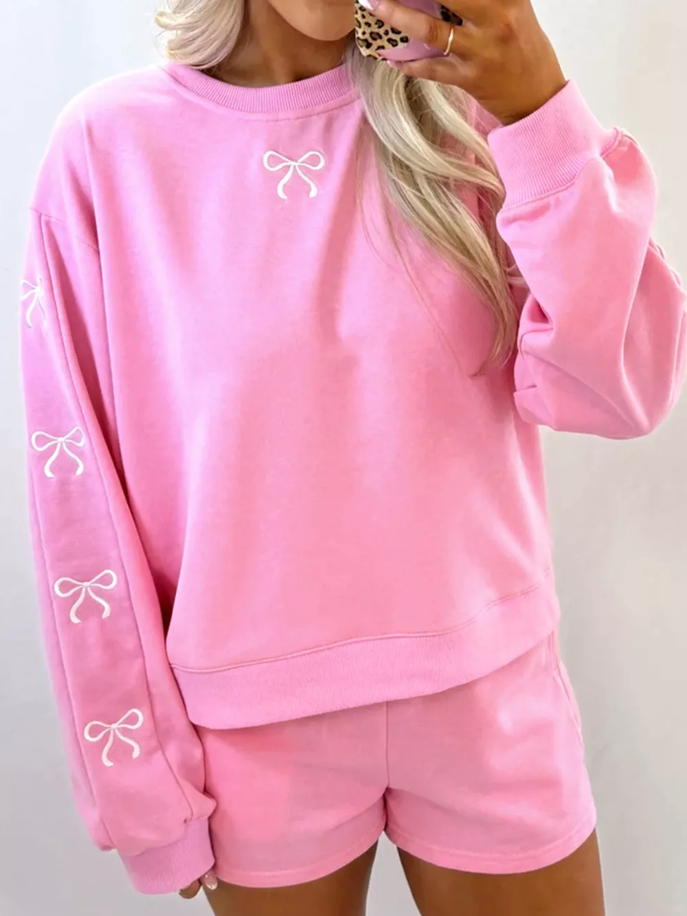 Bow Embroidered Sweatshirt And Shorts Set