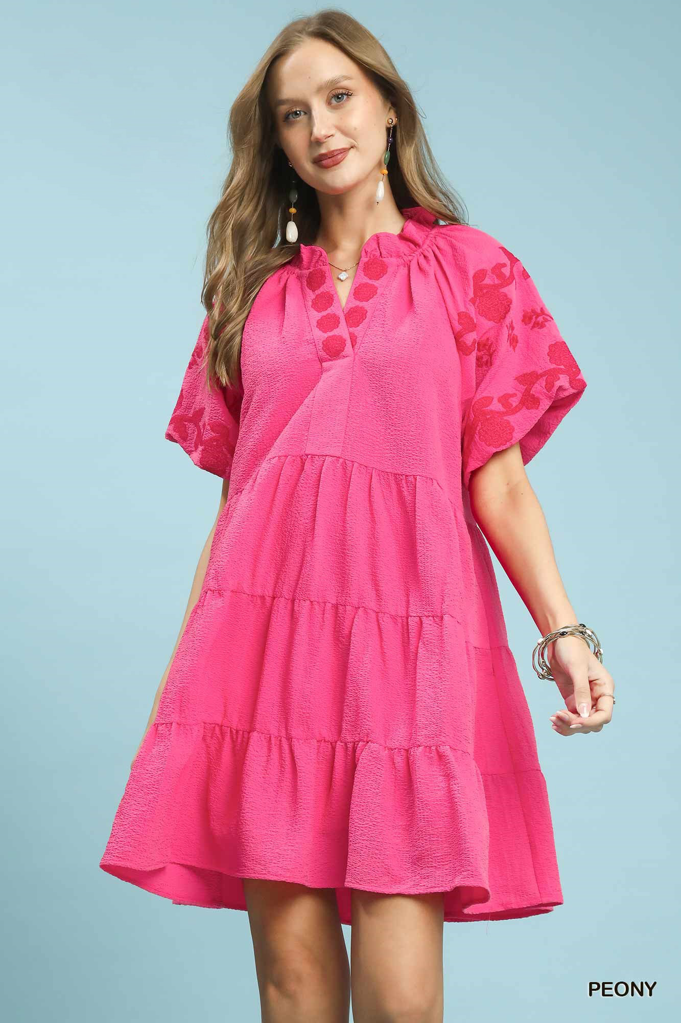 Umgee Embroidered Tiered Puff Sleeve Mini Dress