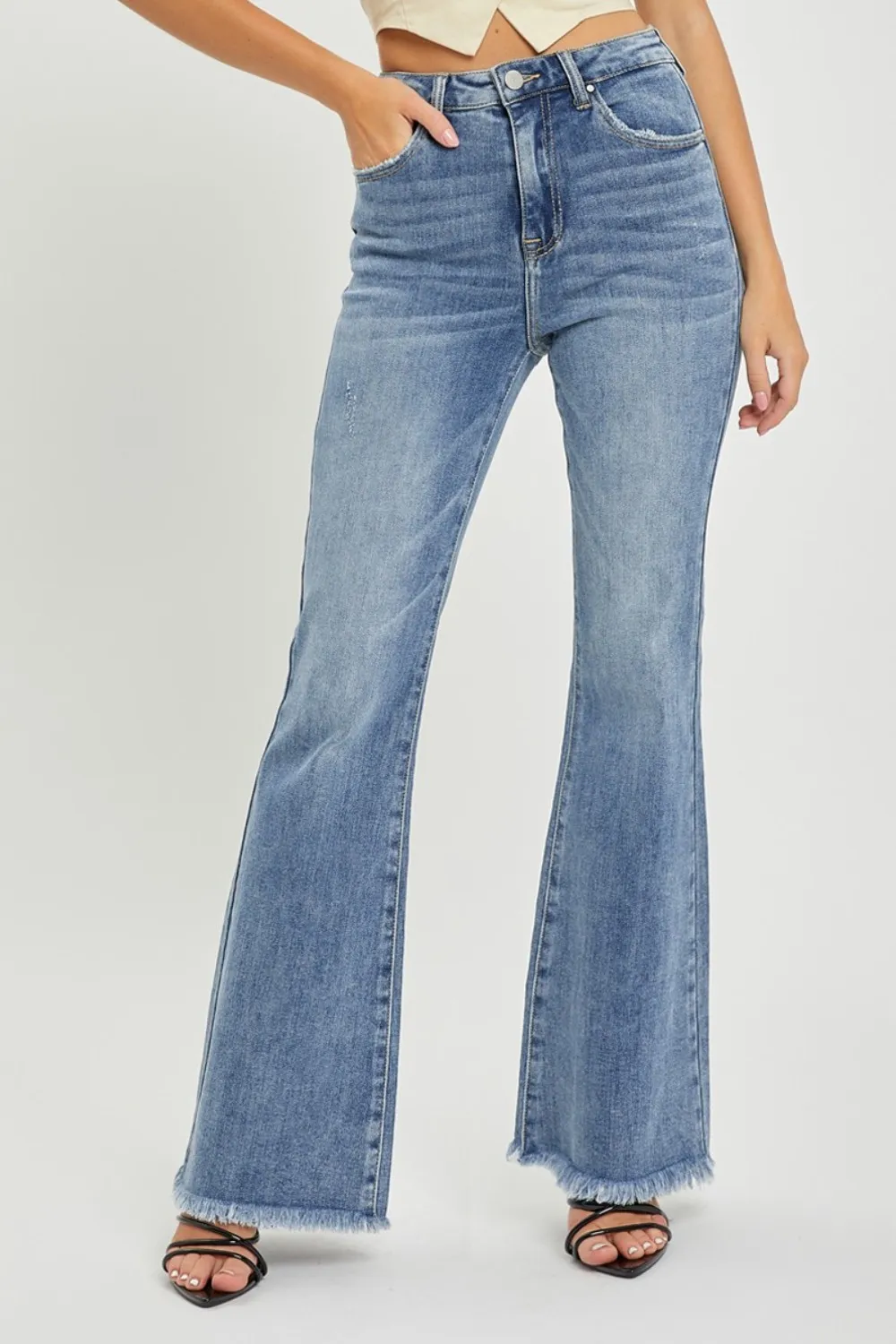 Risen Full Size High Waist Raw Hem Flare Jeans