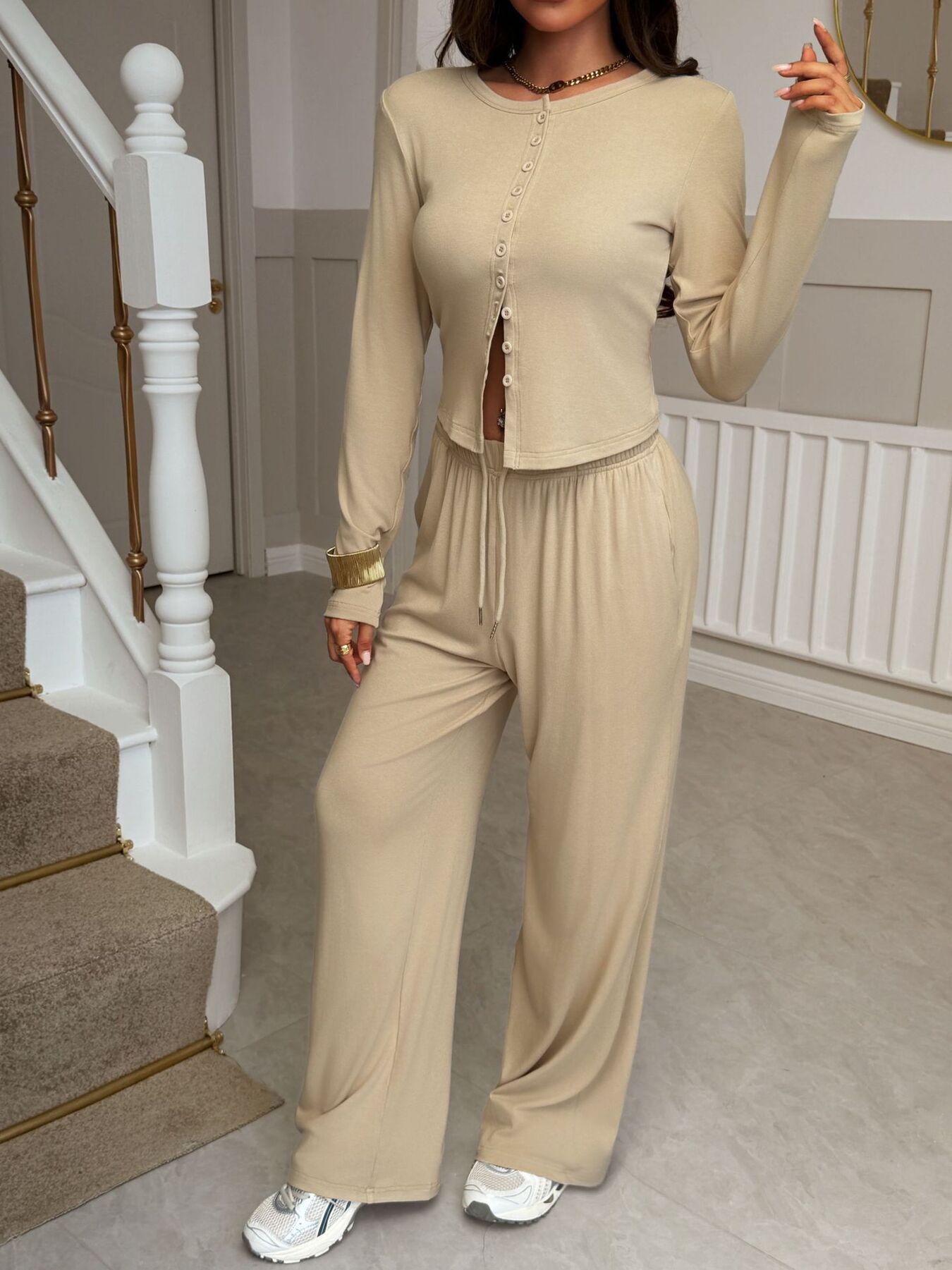 Button-Front Long Sleeve Top & Wide Leg Pants Set
