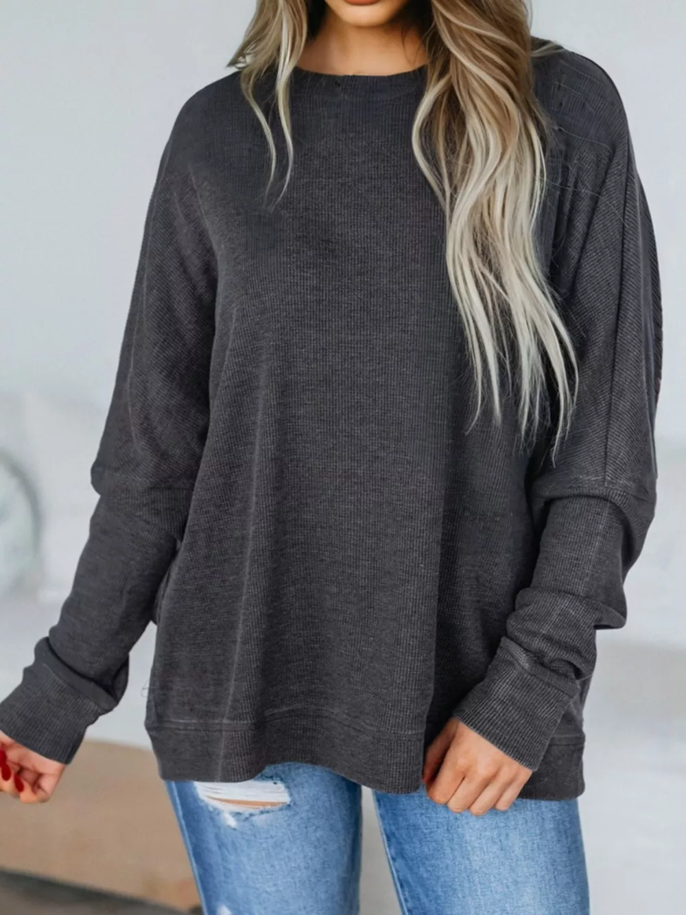 Waffle Knit Patchwork Long Sleeve Loose Sweatshirt
