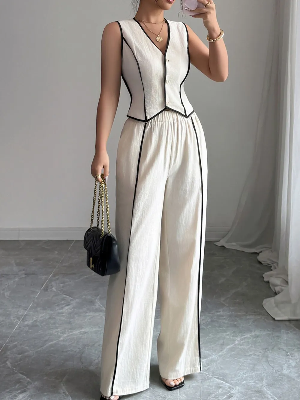 Contrast Trim V-Neck Vest and Pants Set