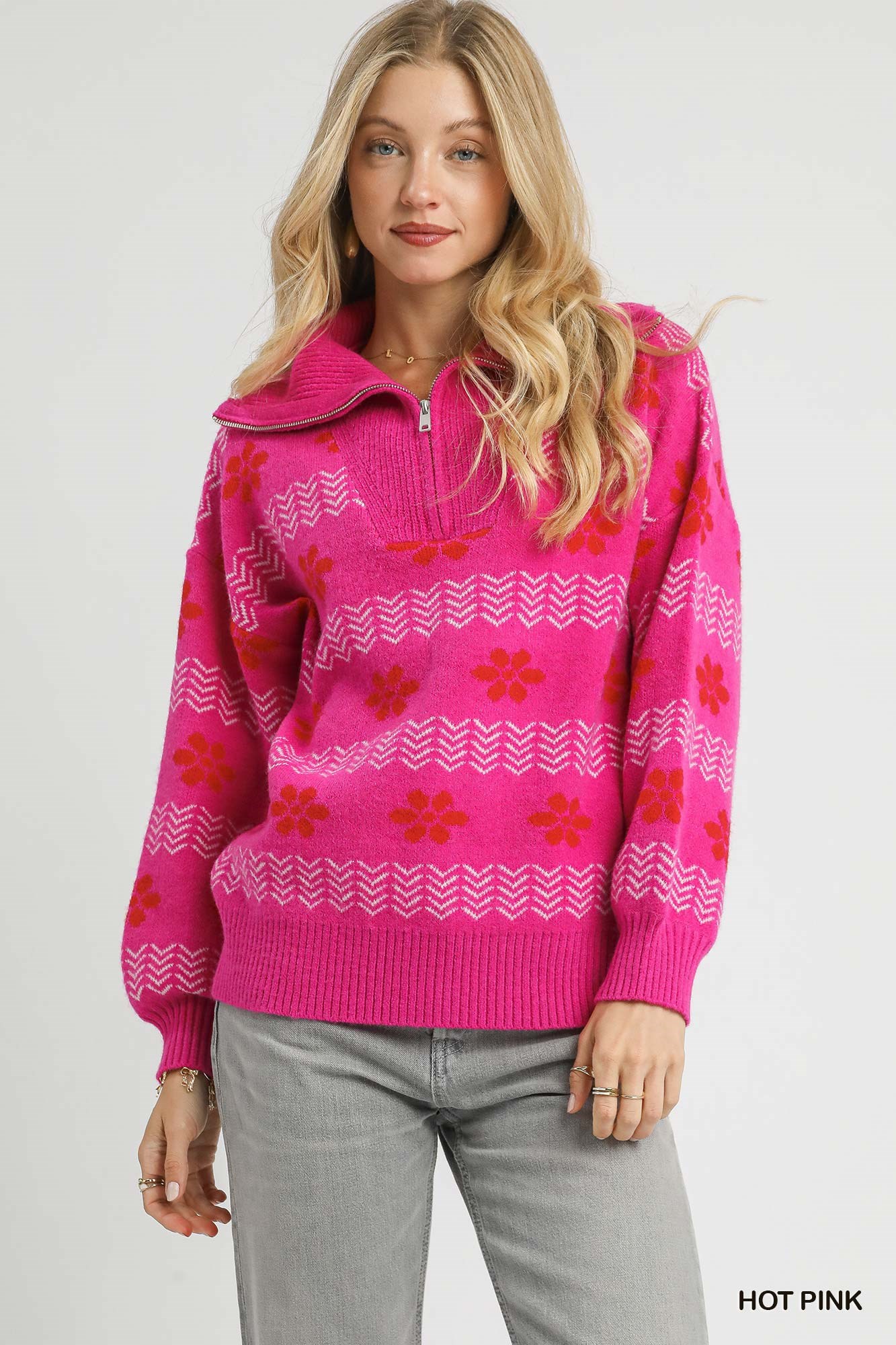 Umgee Floral Patterned Jacquard Quarter-Zip Pullover Sweater