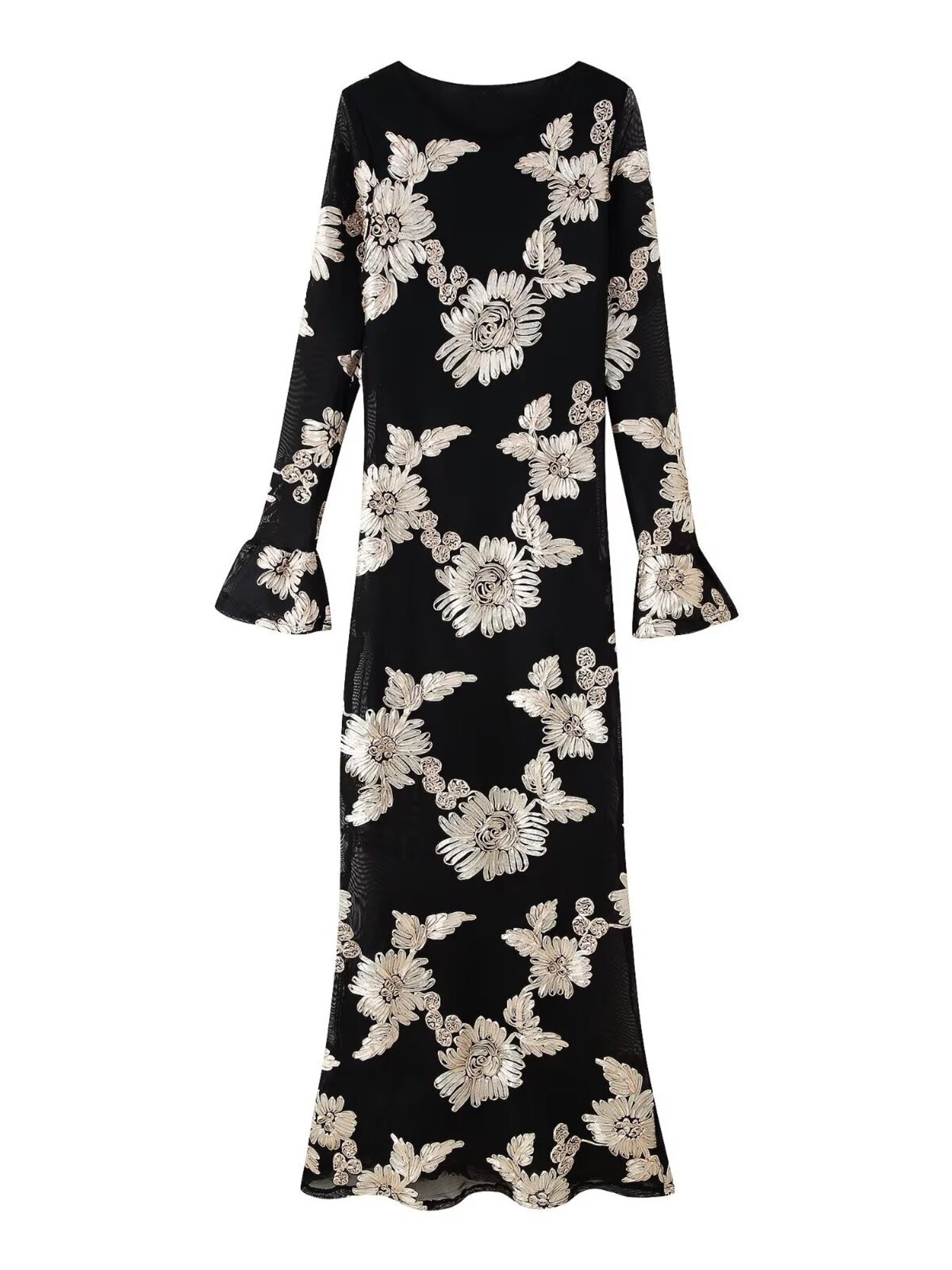 Floral Flounce Sleeve Round Neck Dress