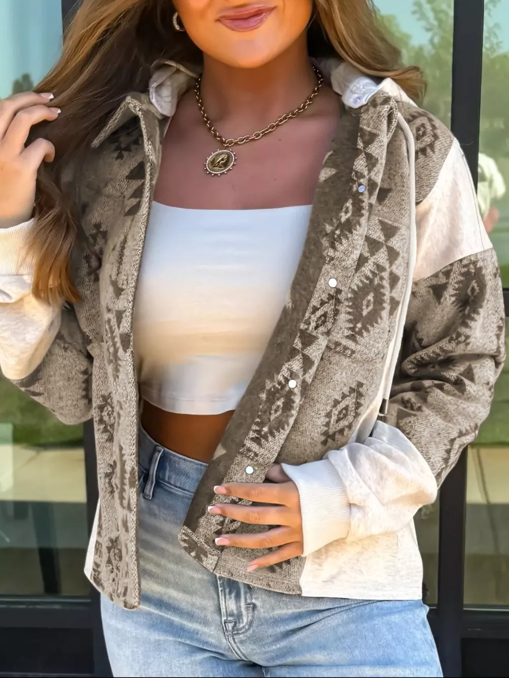 Western Aztec Print Color Block Patchwork Drawstring Hooded Shacket