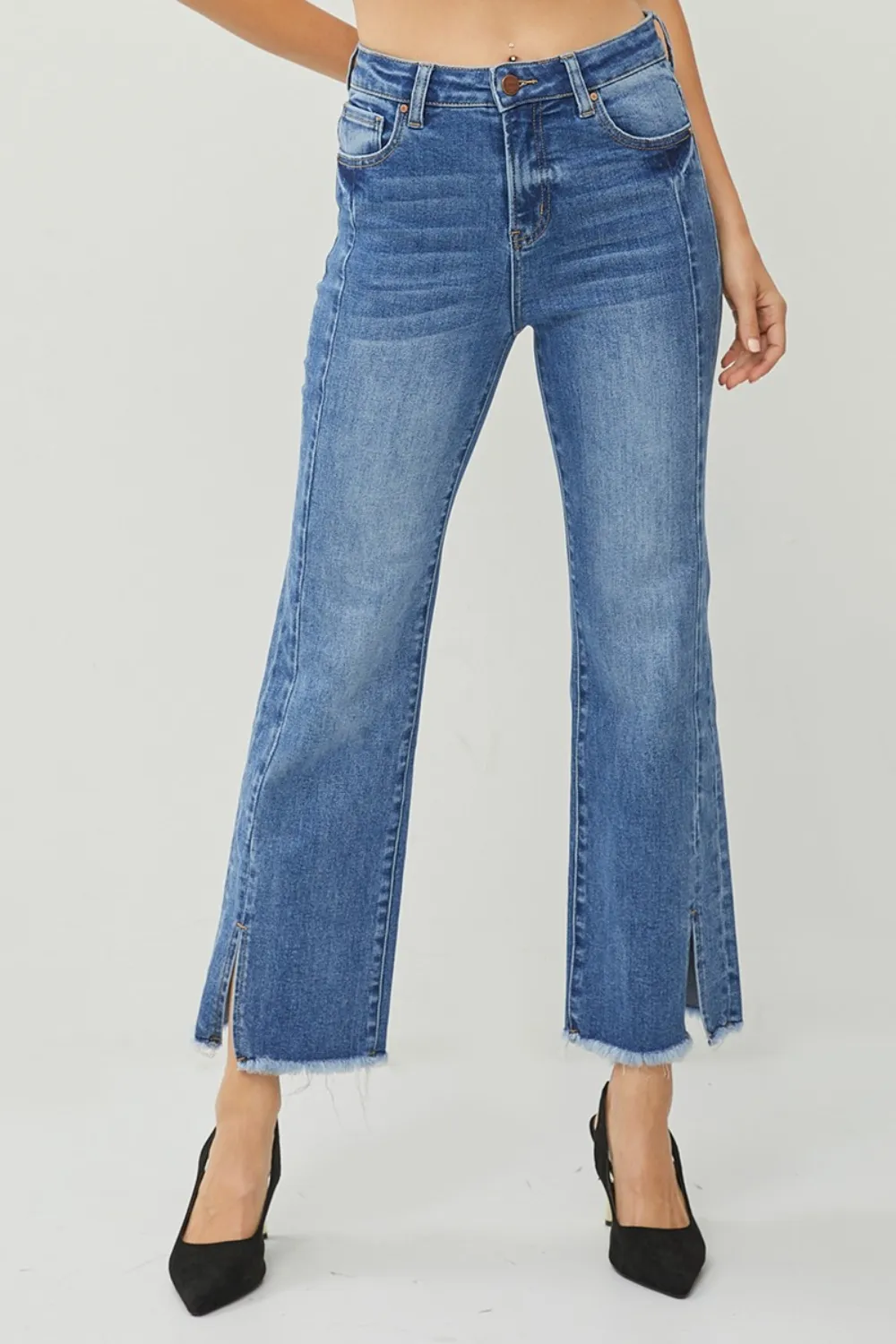 Risen High Waist Raw Hem Slit Straight Jeans