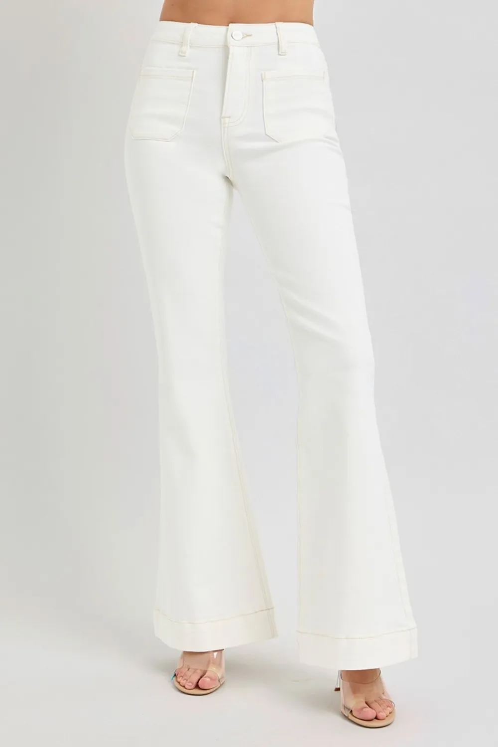 Risen Full Size High Rise Front Patch Pocket Flare Jeans