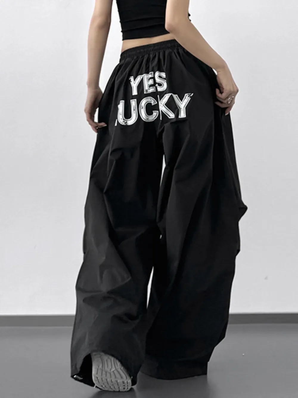 Letter Back Wide Leg Drawstring Pants