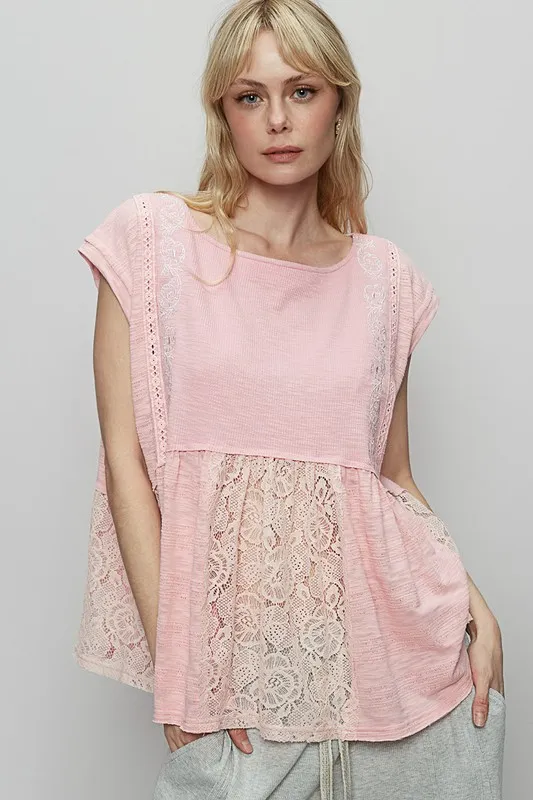 Pol Embroidered Detail Boat Neck Cap Sleeve Lace Blouse