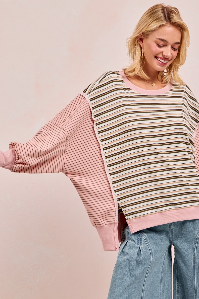 BiBi Stripe Mixed Top With Cut Edge And Reverse Outseam