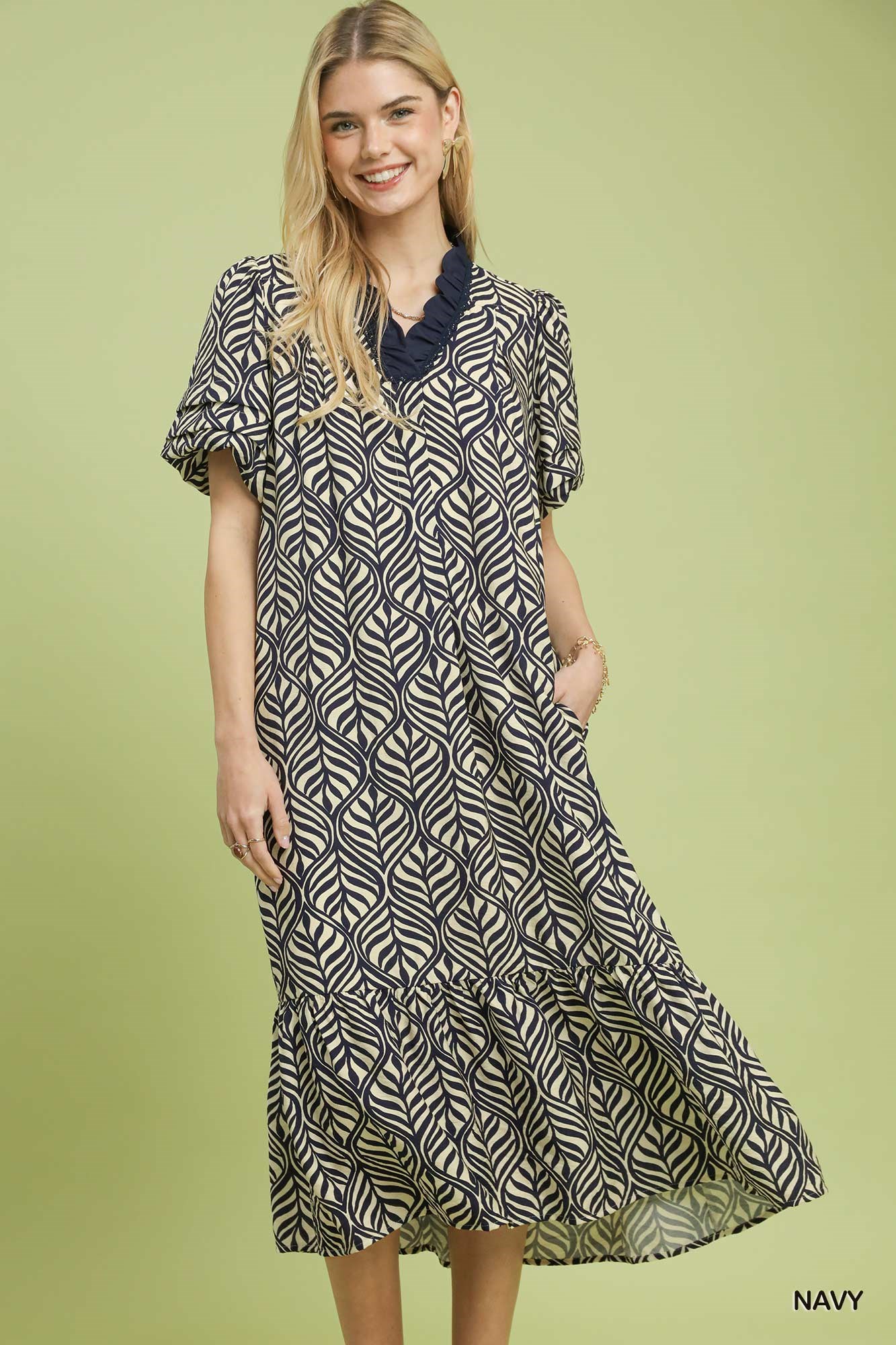 Umgee Leaf Print Ruffle Neck Midi Dress