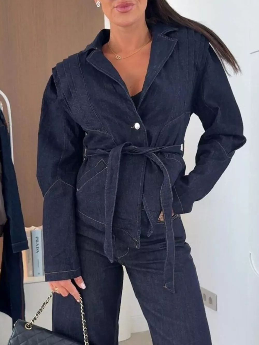 One Button Cropped Denim Jacket With Belted
