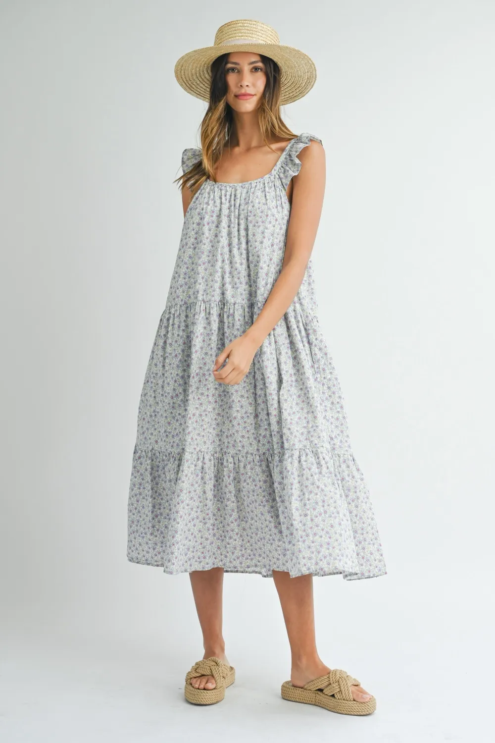 Mable Floral Ruffle Shoulder Tiered Midi Dress