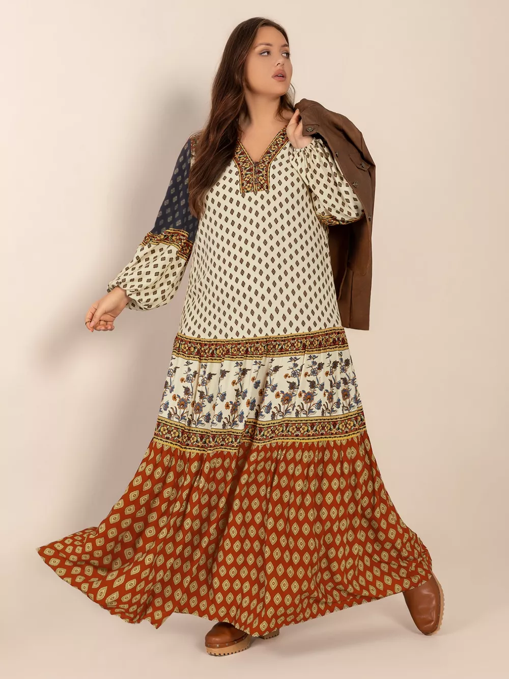 Plus Size Notched Balloon Sleeve Maxi Dress
