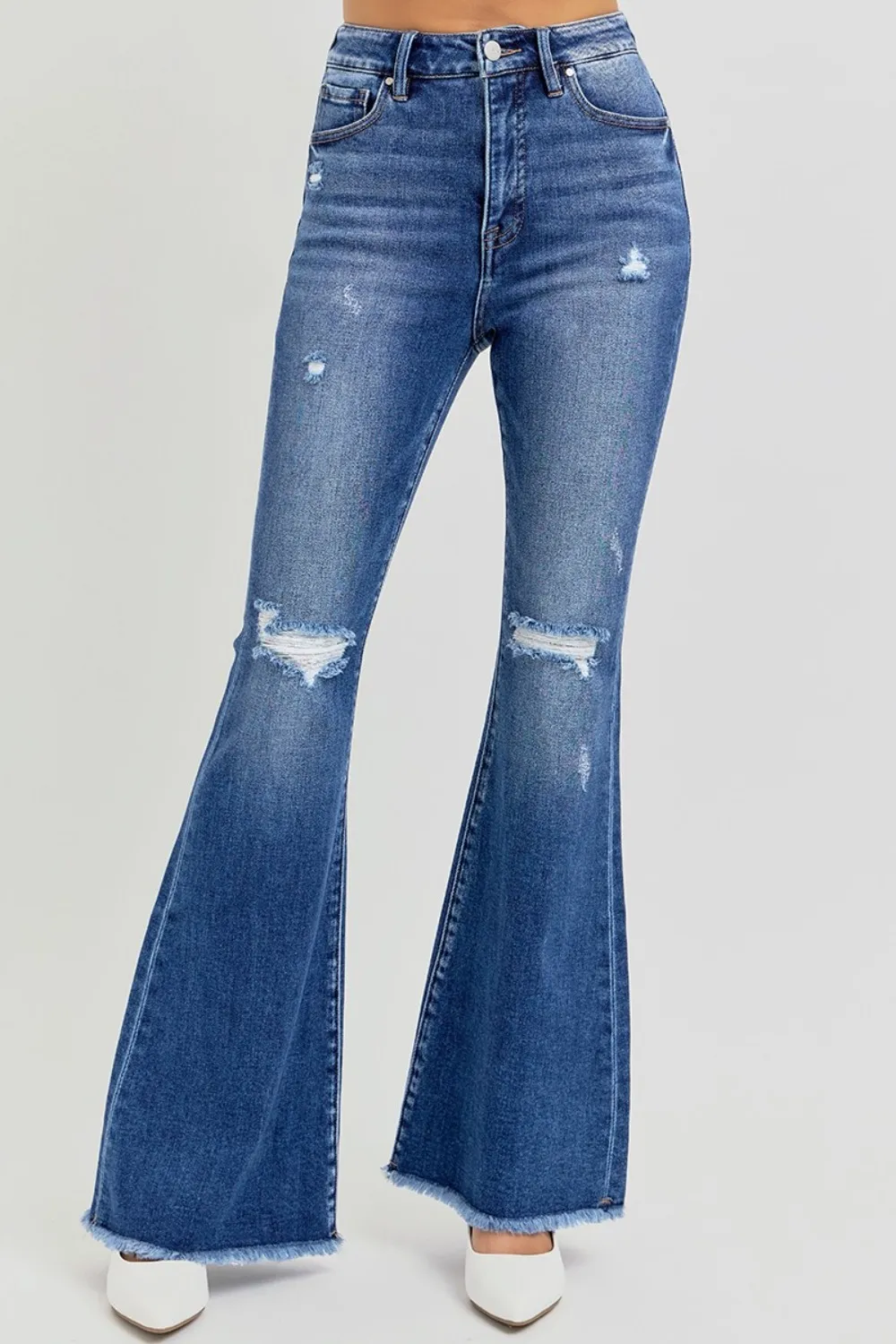Risen Full Size High Rise Distressed Raw Hem Flare Jeans
