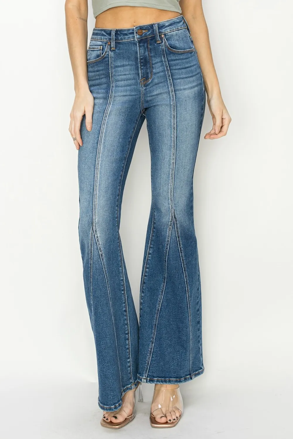 Risen Full Size High Rise Front Seam Detailed Flare Jeans