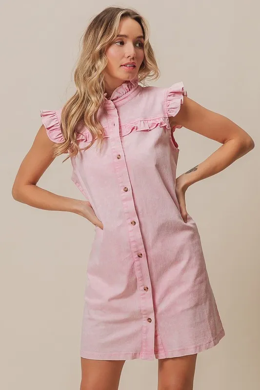 BiBi Washed Button Down Ruffled Cap Sleeve Denim Dress