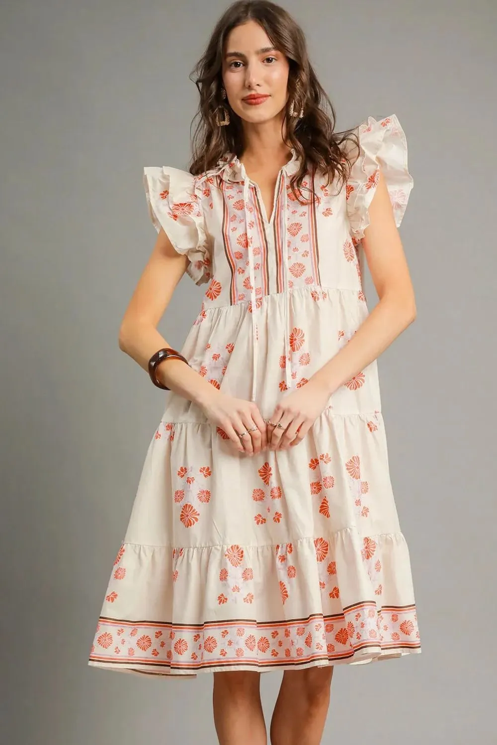Umgee Printed Tie Neck Ruffle Cap Sleeve Dress