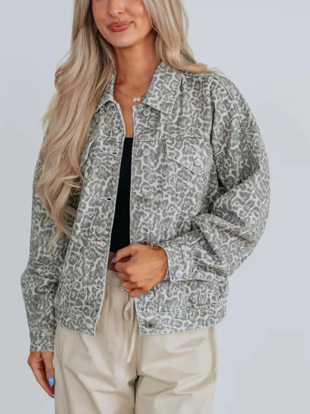 Leopard Button Up Denim Jacket