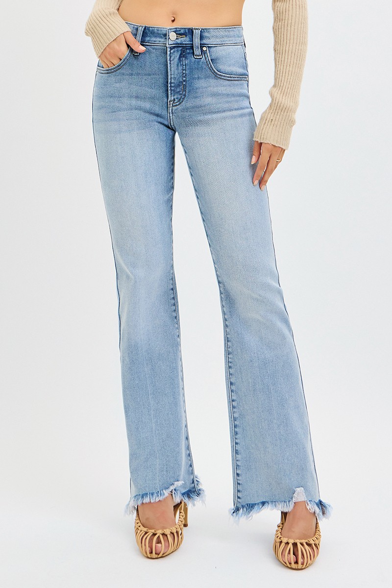 RISEN Full Size Tummy Control Mid Rise Flare Jeans with Fray Hem Detailed Plus Size