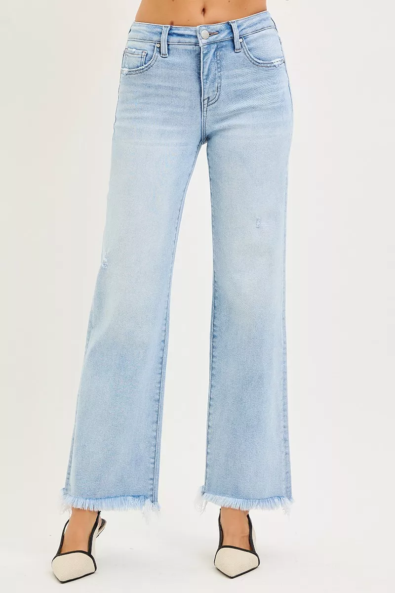 Risen Tummy Control Mid Rise Ankle Straight Fray Hem Jeans
