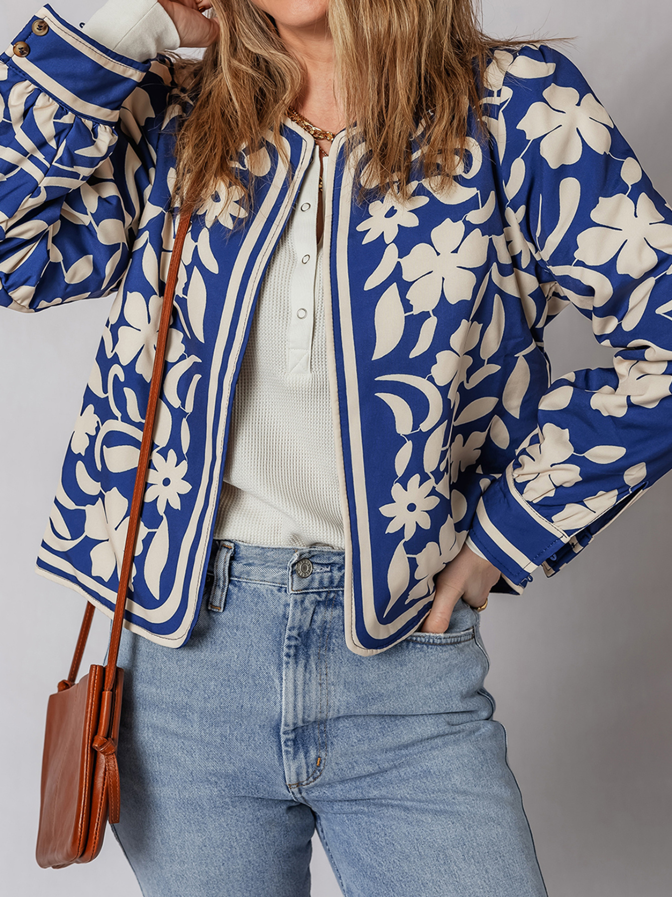 Flower Print Open Front Buttoned Cuffs Elegant Jacket