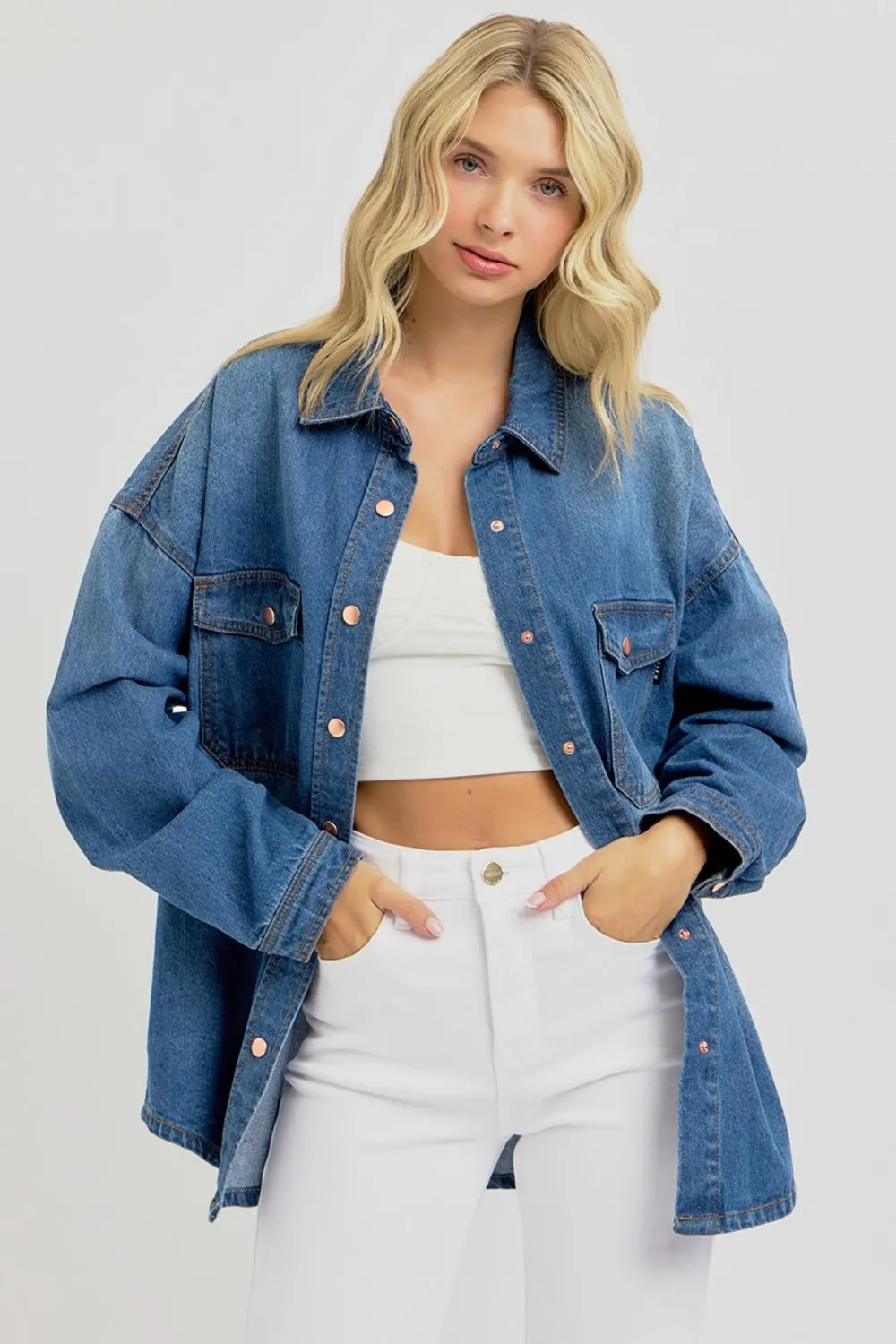 Risen Full Size Snap Down Long Sleeve Denim Shacket