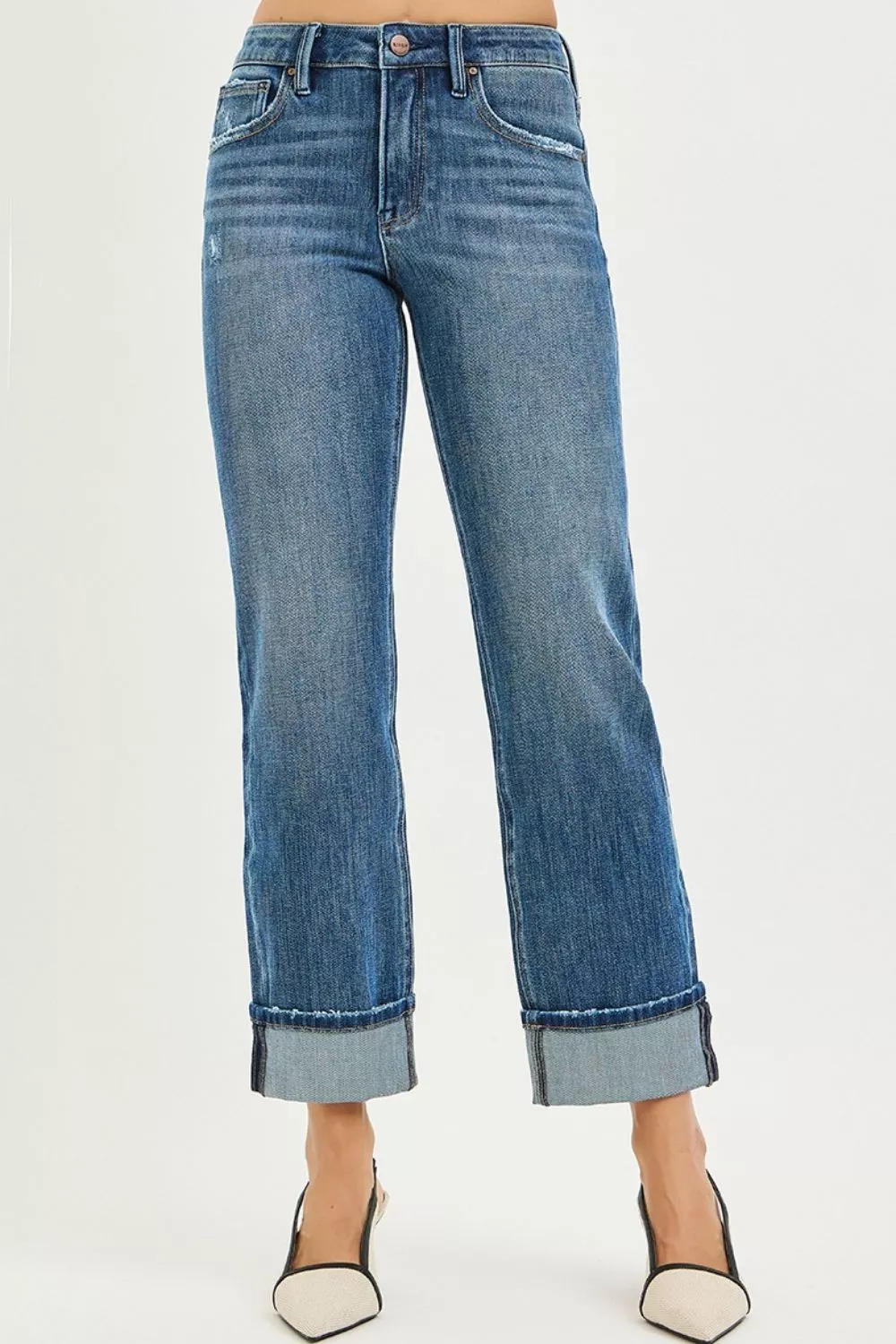 Risen Full Size 4 Way Stretch Slouchy Straight Jeans With Cuffed Hem Plus Size