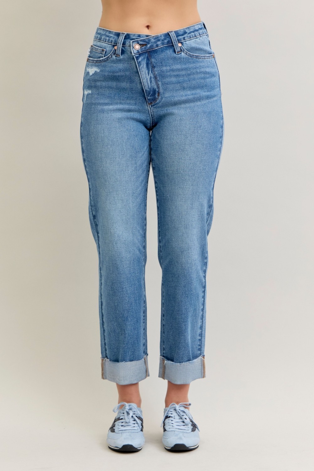 Judy Blue High Waist Bf Criss-Cross Mild Destroy Jeans With Single Cuff