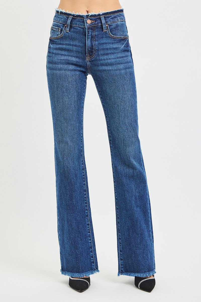 Risen Full Size Mid Rise Bootcut Frayed Waistband Hem Detail Jeans Plus Size