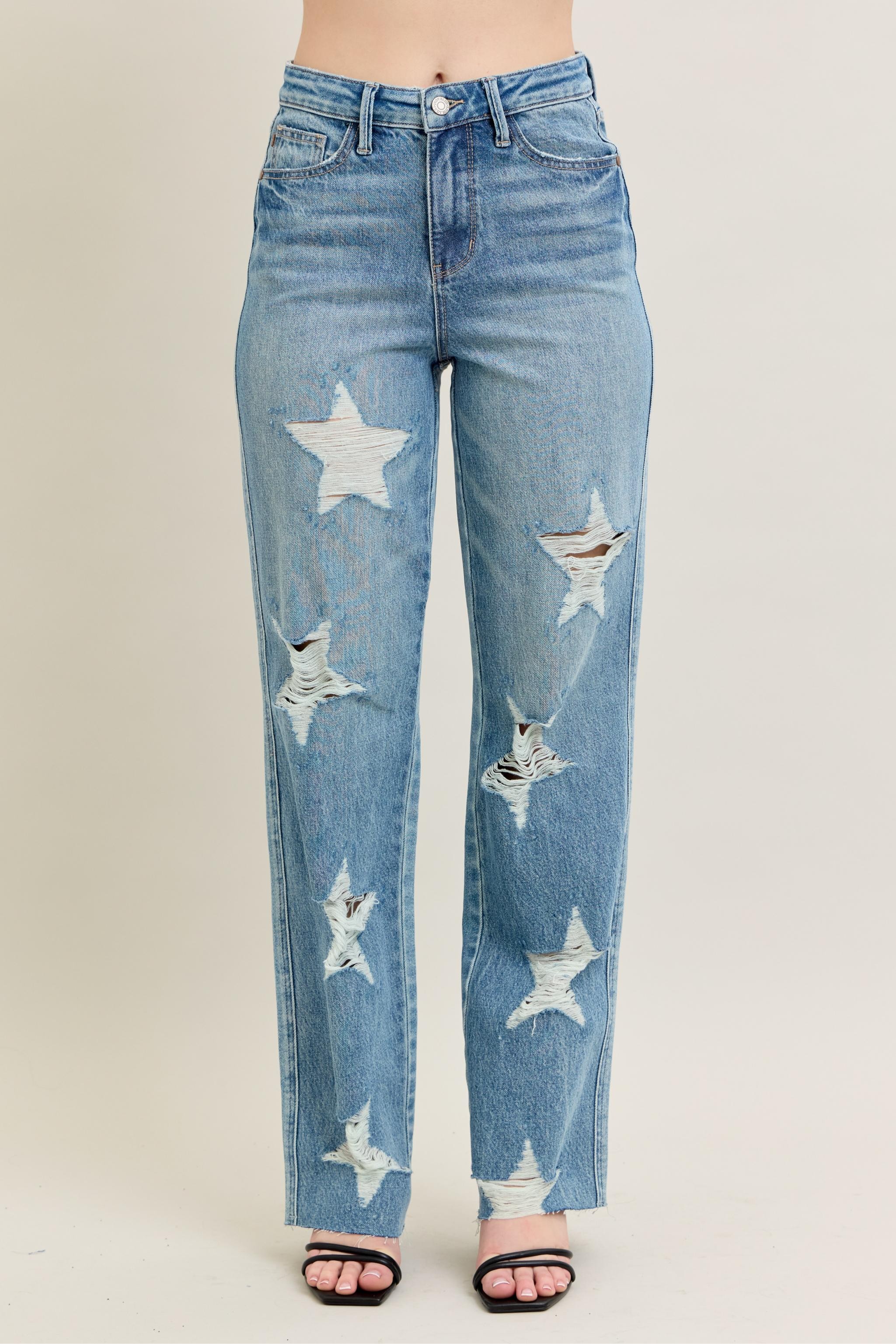 Judy Blue Full Size High Waist  Rigid Magic Star Shaped Destroy 90'S Straight Jeans Plus Size