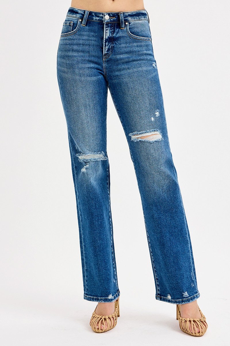 RISEN Full Size Tummy Control High Rise Straight Distressed Jeans Plus Size
