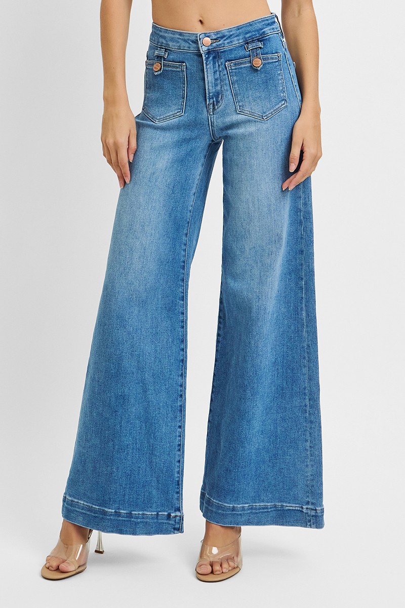 Risen Full Size Mid Rise Wide Front Patch Pocket Jeans Plus Size