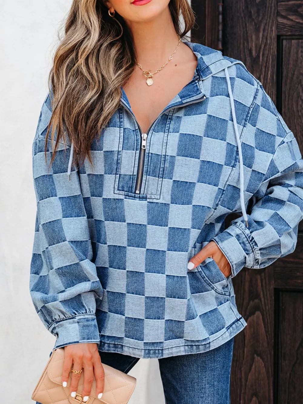 Checkered Half Zip Denim Hoodie Top