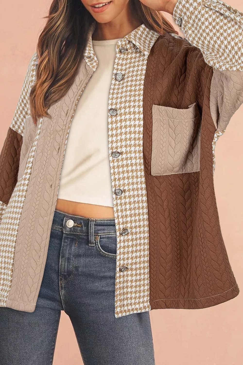 Button Down Houndstooth Color Block Shacket
