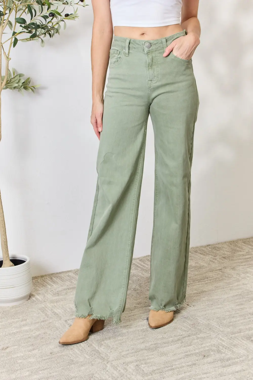 Risen Full Size Raw Hem Wide-Leg Jeans