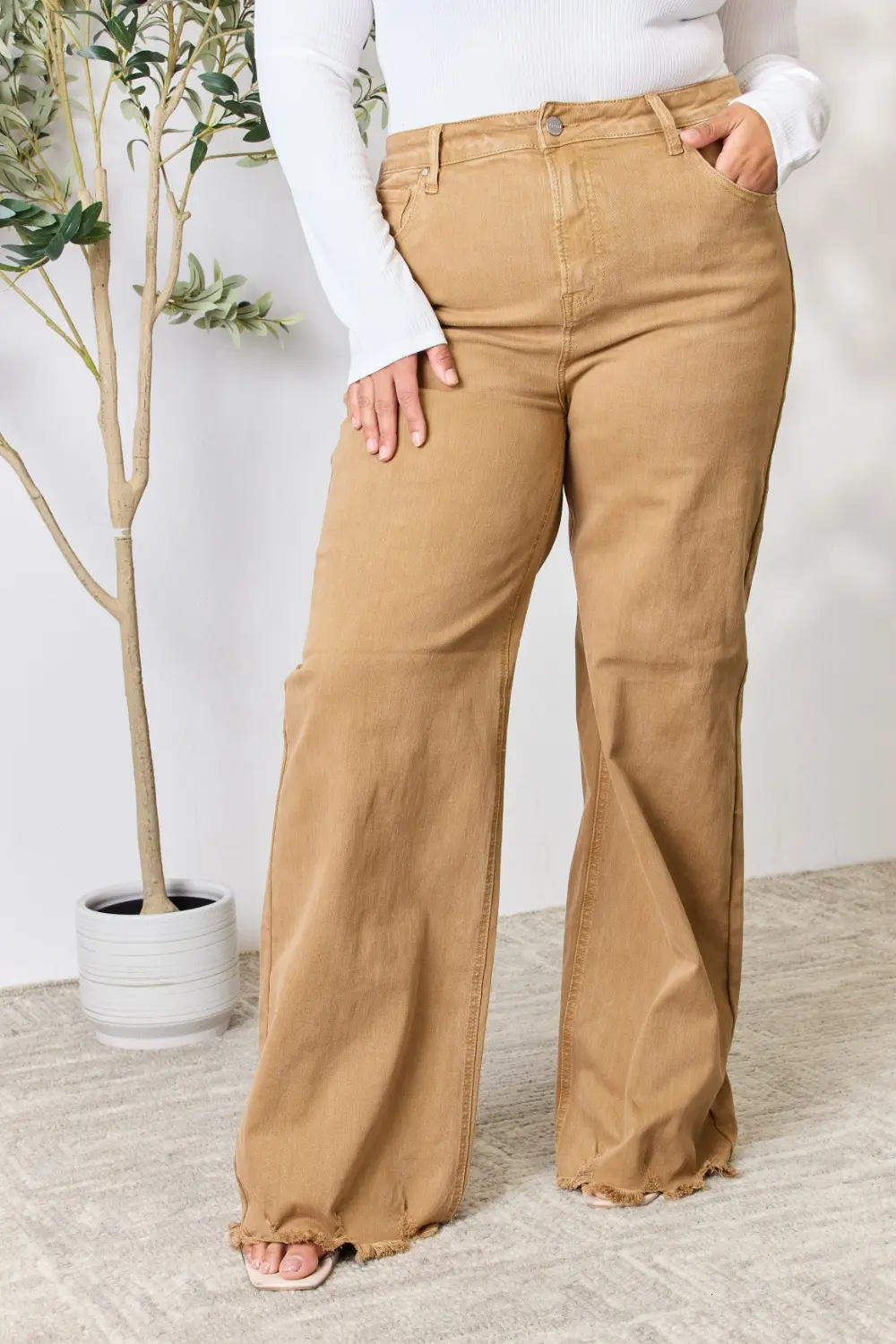 Risen Full Size Fringe Hem Wide Leg Jeans