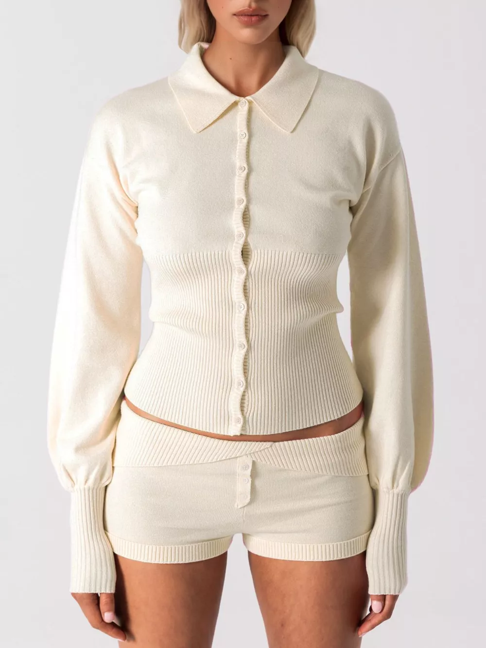 Ribbed Knit Button-Down Cardigan and Shorts Sweater Set