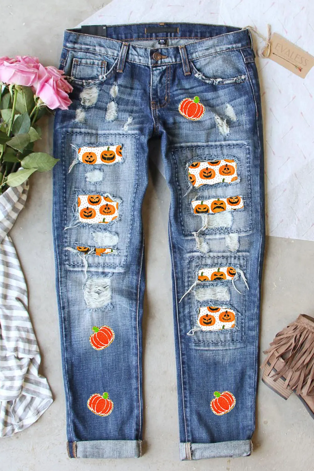 Distressed Pumpkin Jeans With Pockets