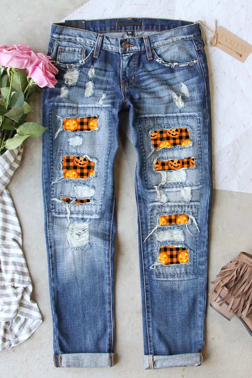 Distressed Pumpkin Pattern Jeans With Pockets