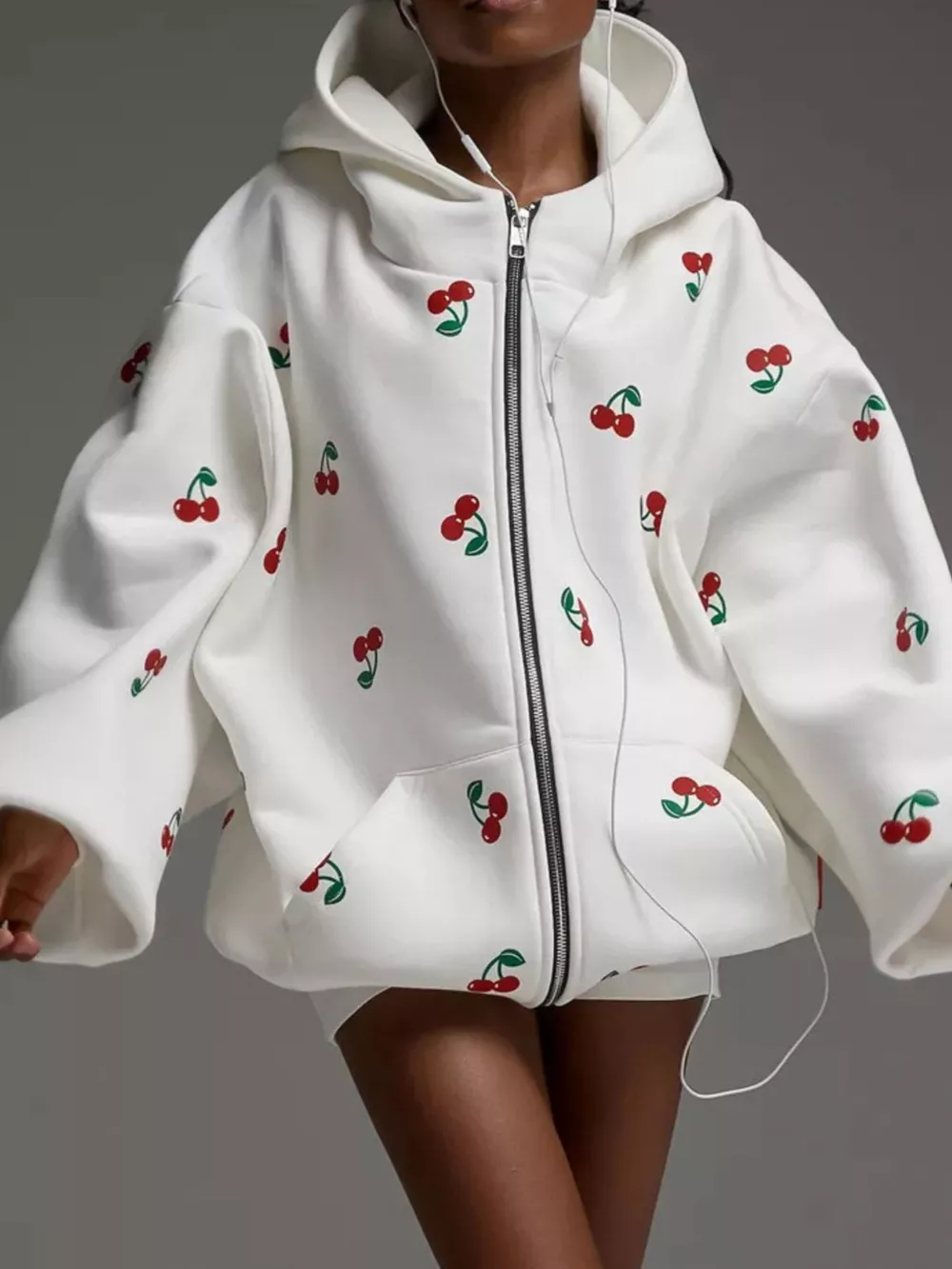 Cherry Print Oversized Zip-Up Hoodie
