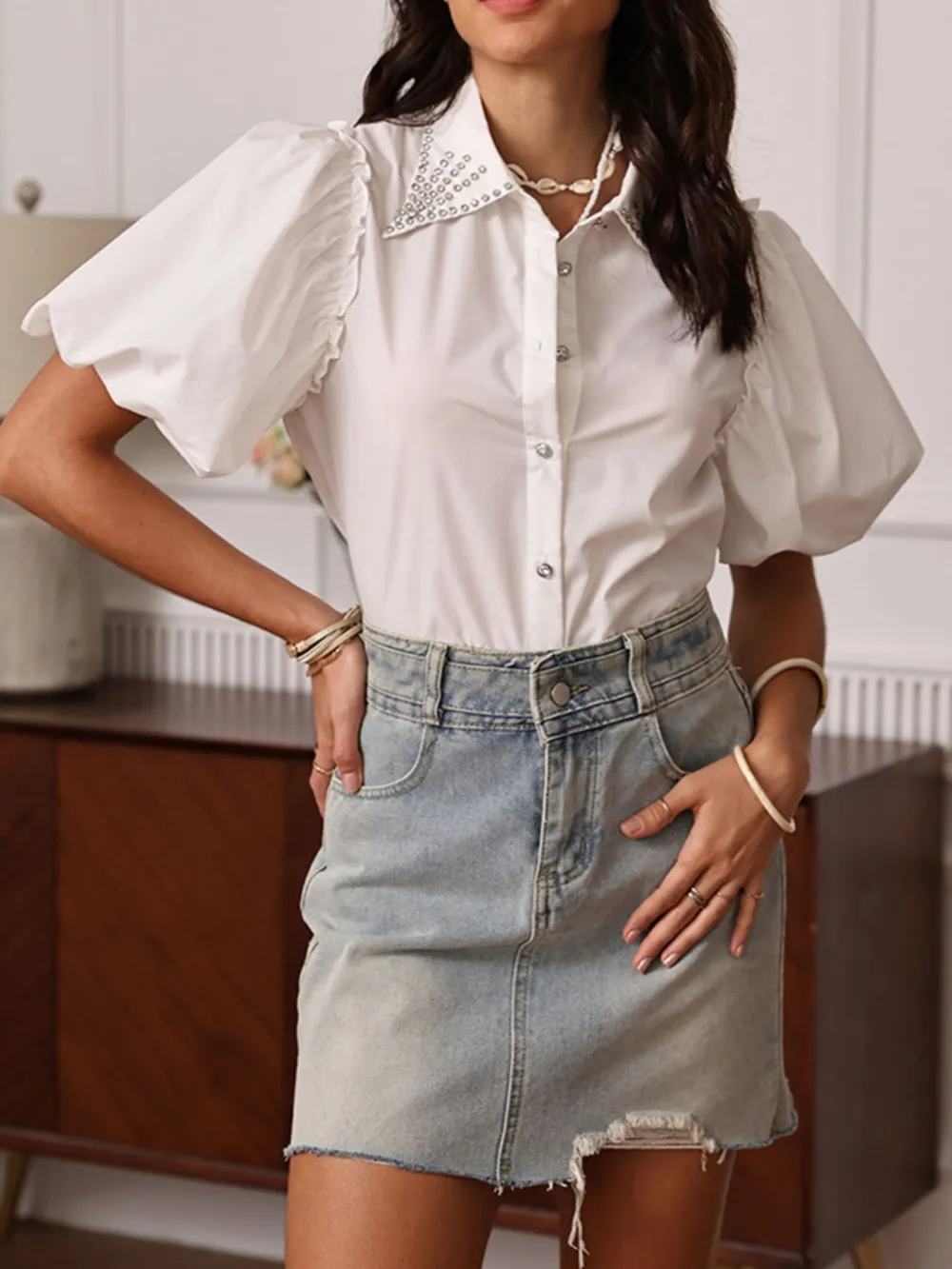 Puff Sleeve Button-Up Shirt with Rhinestone Detail