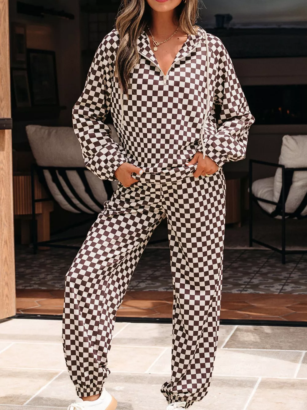 Checkered Drawstring Hoodie And Pants Set