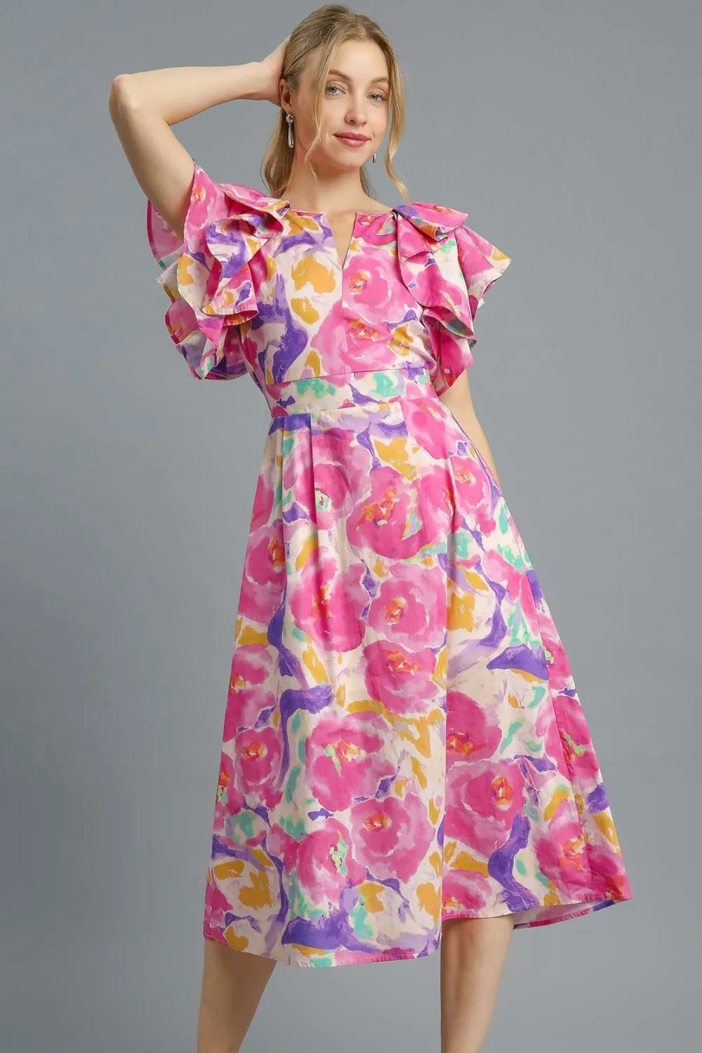 Umgee Floral Ruffled Cap Sleeve Midi Dress