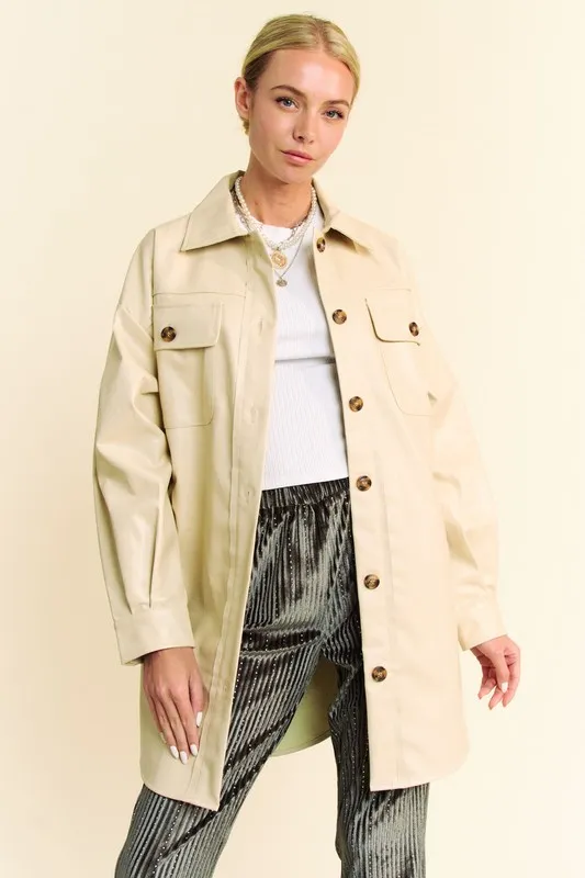 Davi & Dani Faux Leather Button Up Jacket With Chest Pockets