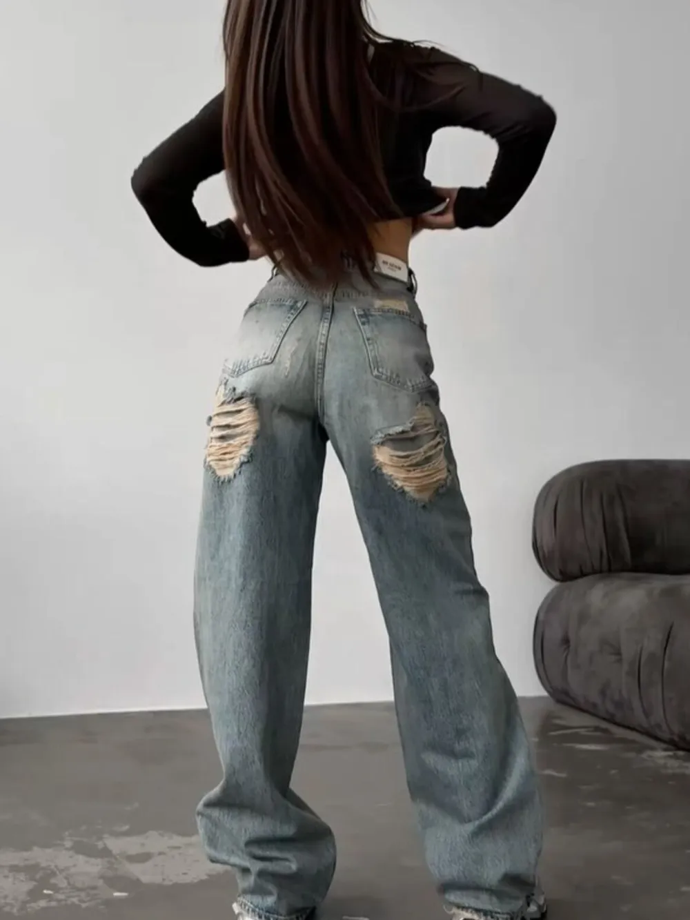 Distressed High-Waist Wide-Leg Jeans