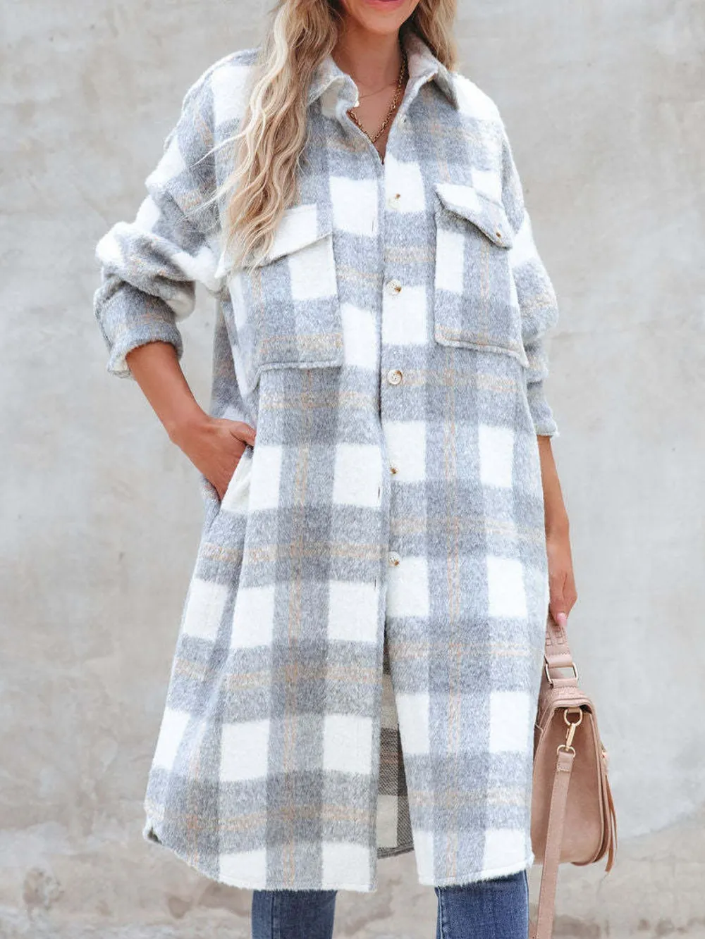 Oversized Plaid Button Up Longline Jacket