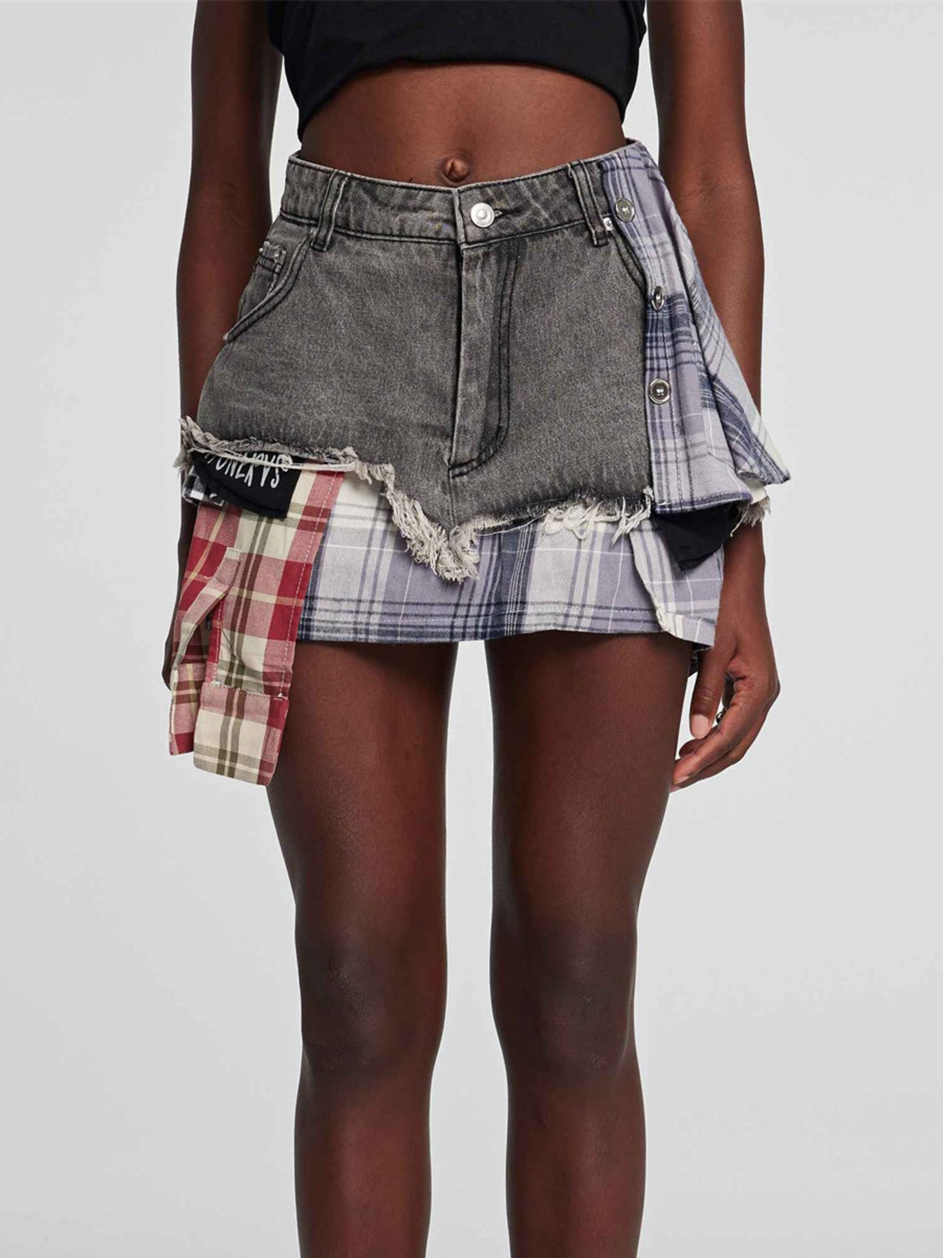 Raw Hem Denim Mini Skirt with Plaid Patch Details